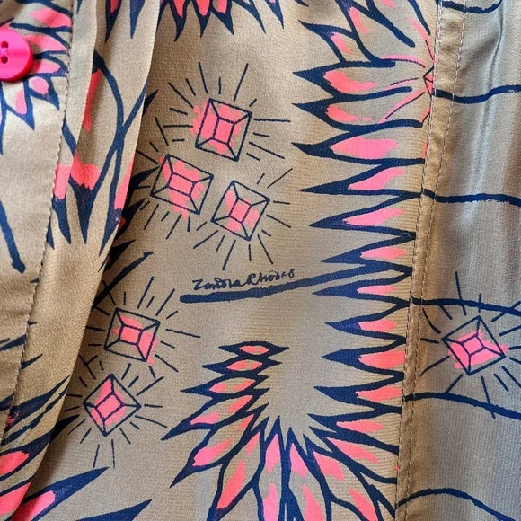 Vintage Zandra Rhodes Brown Floral 100% Silk Shift Midi Dress Made in England - Picture 5 of 9